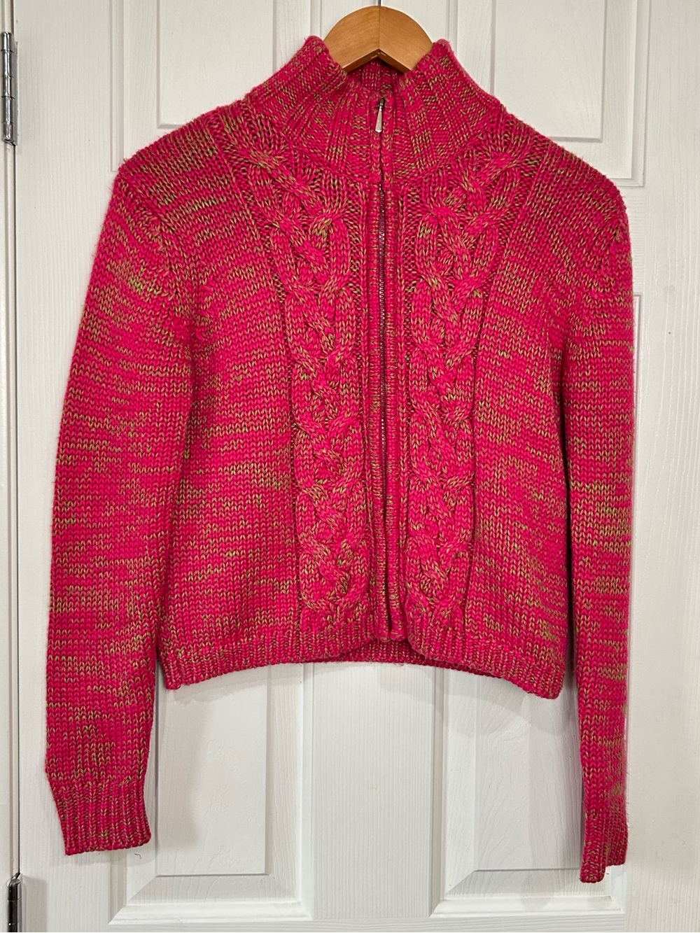 MYTENO Pink Tan Chunky Cable Knit Full Zip Mock Neck Wool Blend Sweater